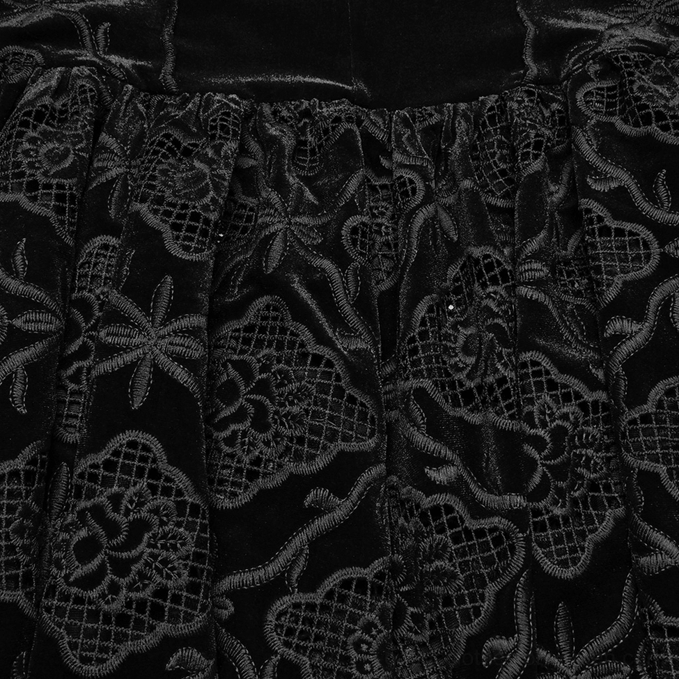 Black velvet gothic slip dress with hollow embroidery overall product display highlighting design elegance and dark aesthetic