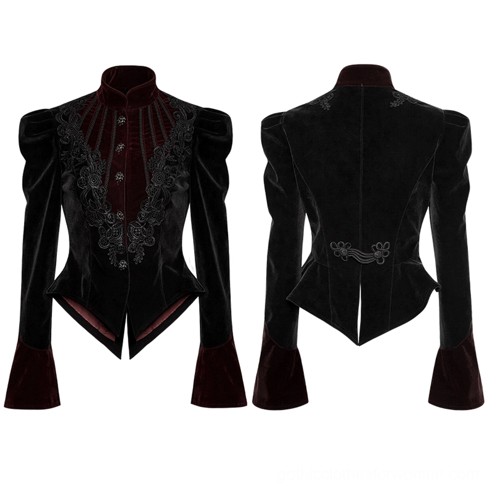 Black and wine-red velvet gothic tailcoat jacket front and back flat lay showing pointed hem and flared cuffs