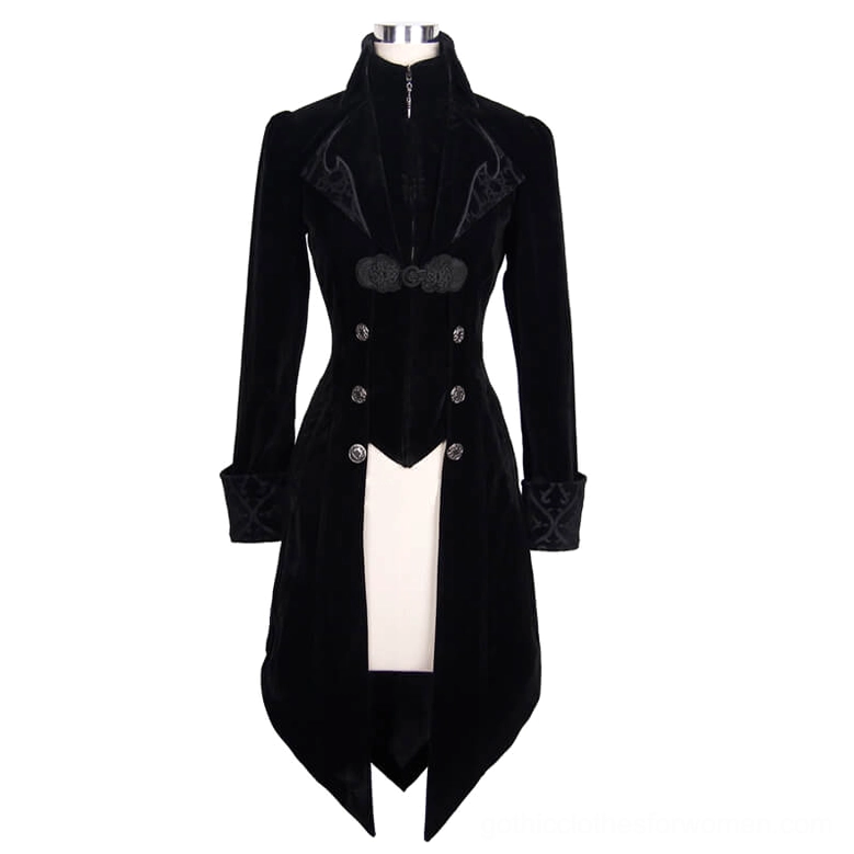 Black velvet gothic tailcoat on display mannequin, front view showing high zip collar, double-breasted buttons and embroidered frog closures