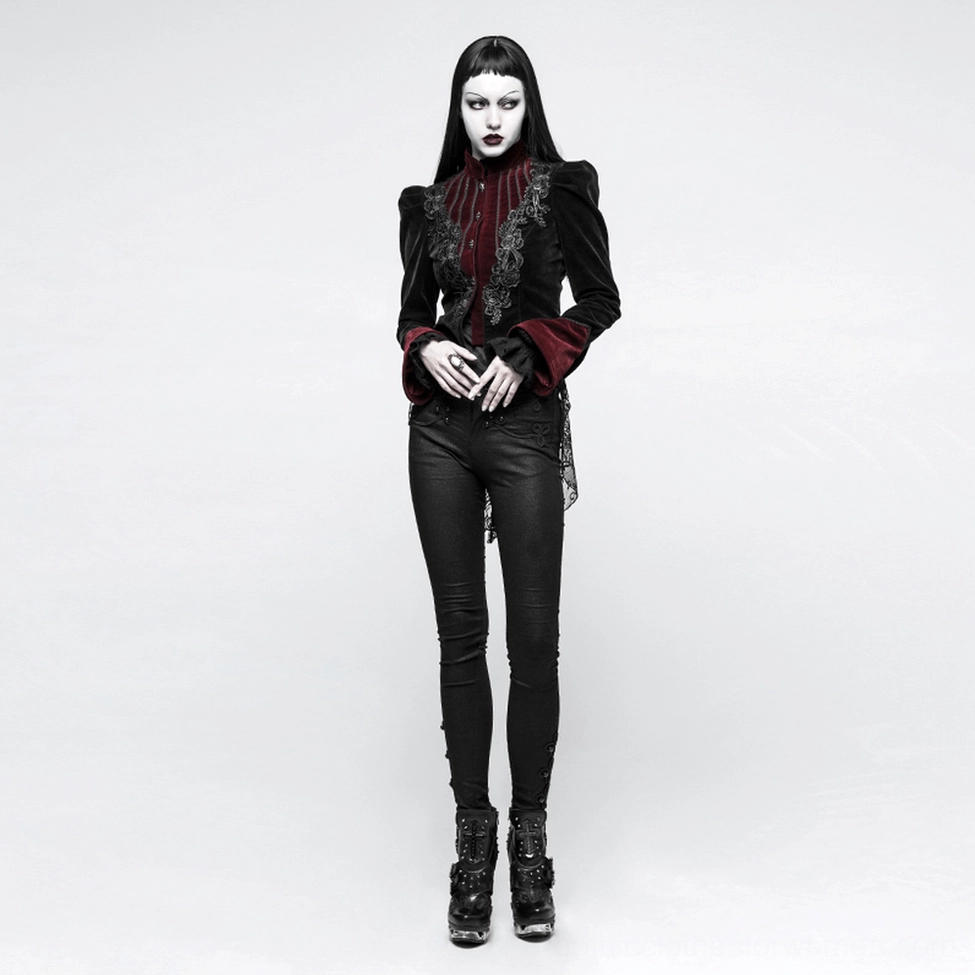 Full view flat lay of black velvet tailcoat jacket showing overall silhouette, wine-red accents, and construction details
