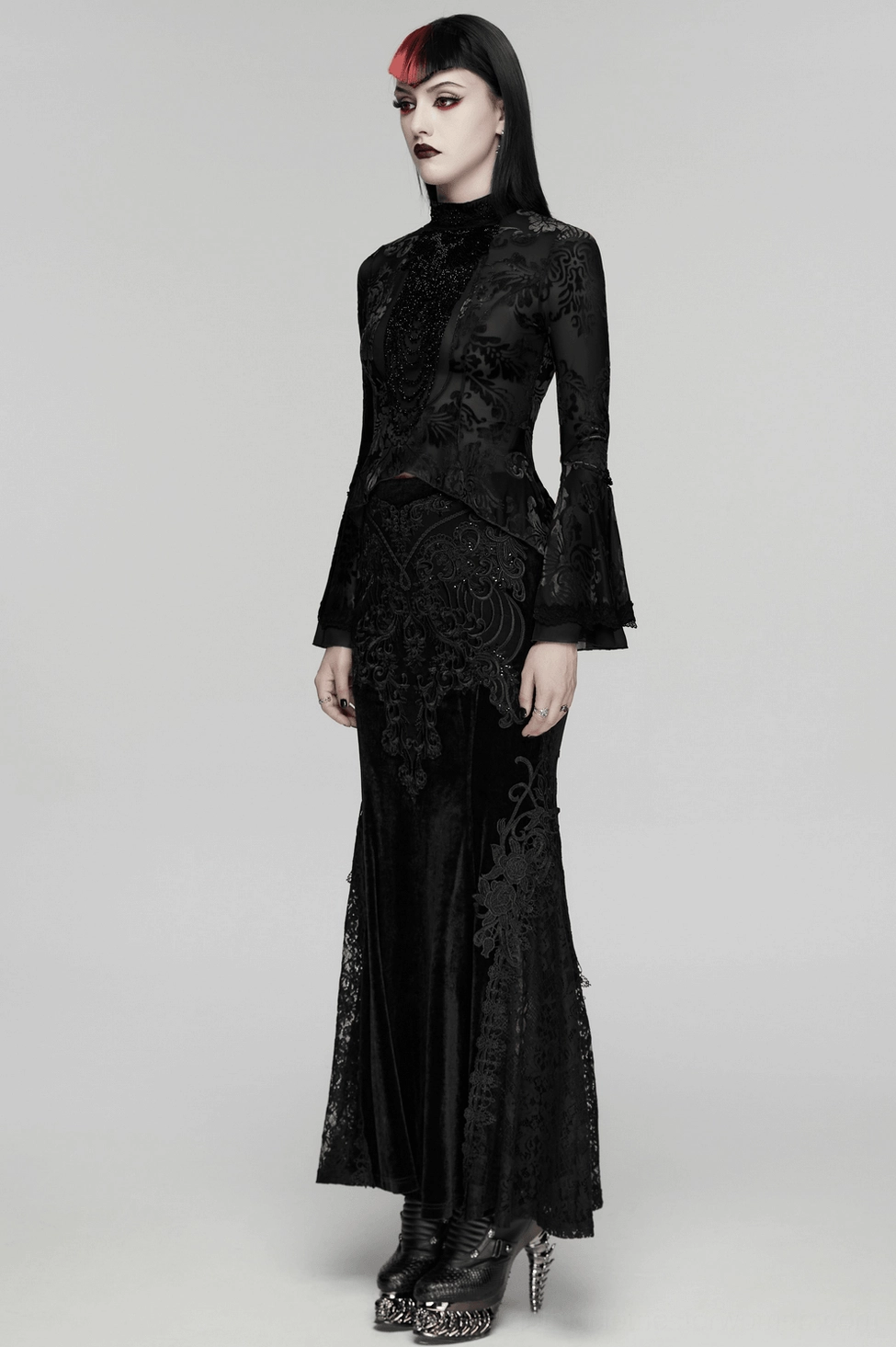 Black velvet gothic top alternative angle featuring beaded plunge, sheer mesh layers, and Victorian-inspired lace details
