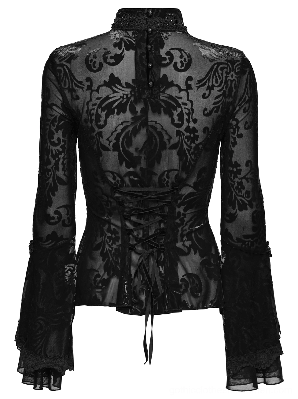 Back flat view of black velvet gothic top displaying corset-style lace-up closure, high stand collar, and bell sleeves