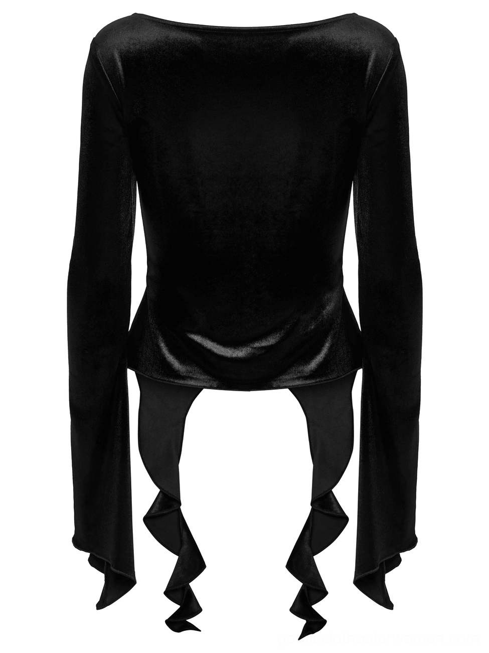 Back panel detail of black velvet gothic top showing smooth fitted design and long sleeve