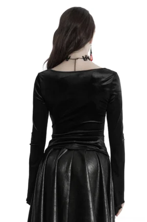 Black velvet gothic top back view showing smooth fitted back panel and long ruffled sleeves