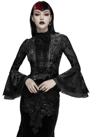Black burnout velvet gothic top with beaded plunge neckline, stand collar, and bell sleeves - front view on model with alternative styling