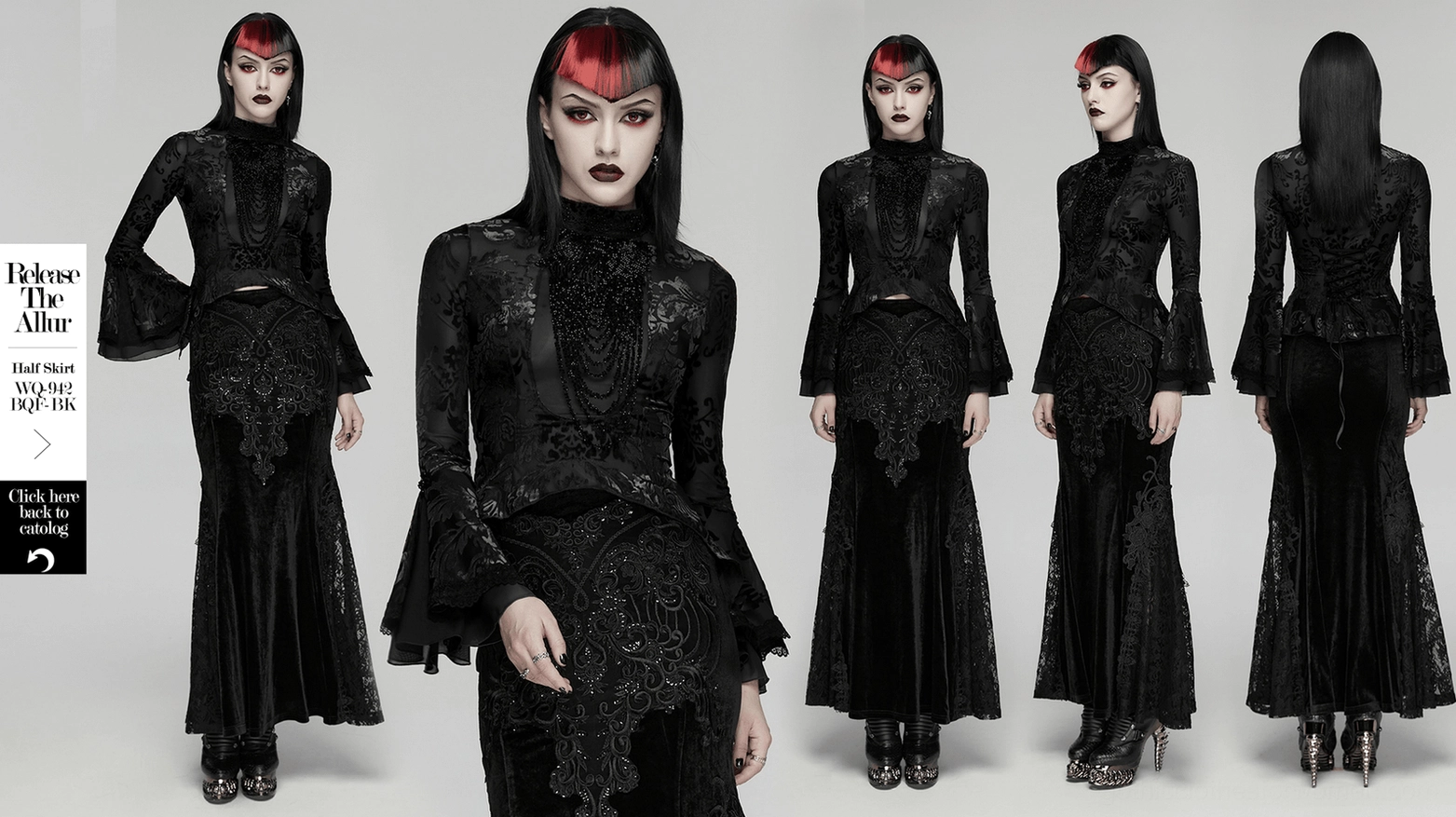 Black velvet gothic top detail shot of bell sleeve cuff, flare effect, and mesh sheer layering composition