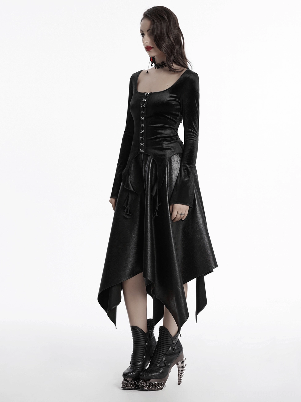 Black velvet gothic top complete back view showing full silhouette and ruffled sleeve design