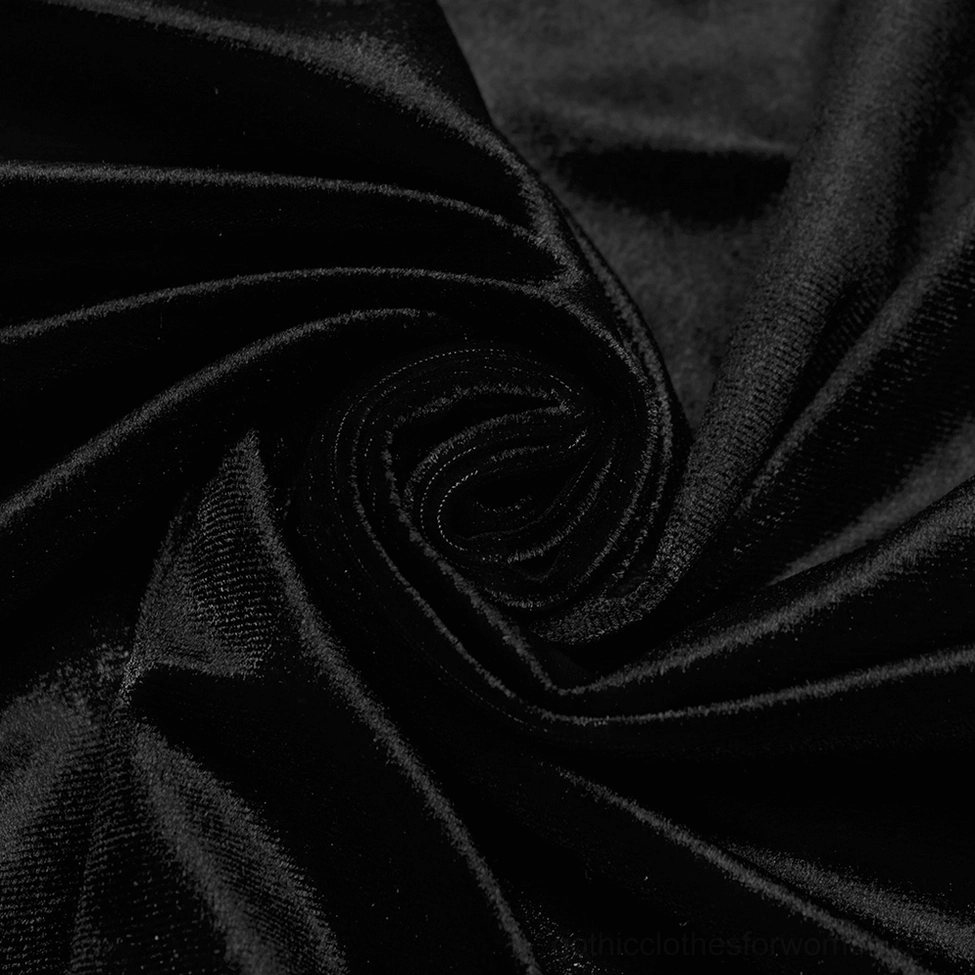 Black velvet gothic long sleeve top complete front view with square collar and metal buckle closures
