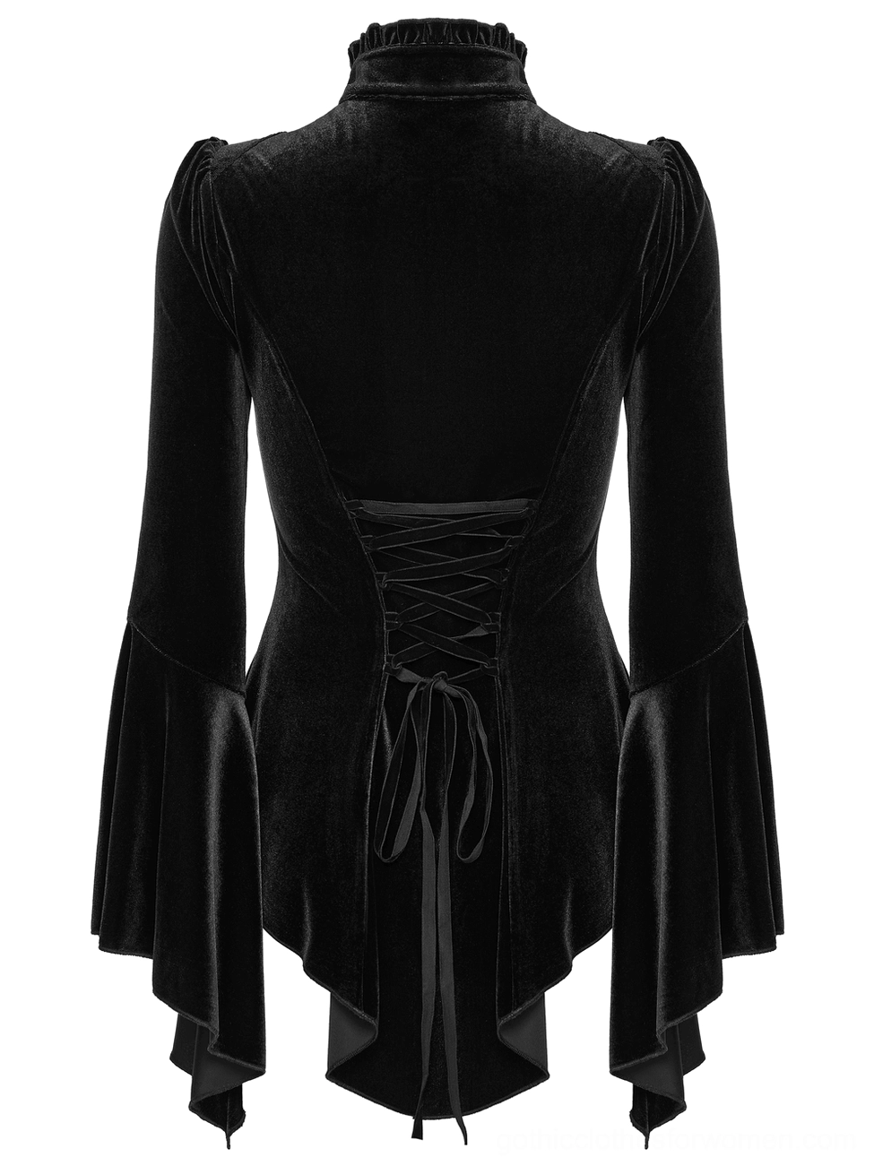 Black velvet gothic top back view featuring corset lace-up closure detail, high ruffled collar, and bell sleeve silhouette
