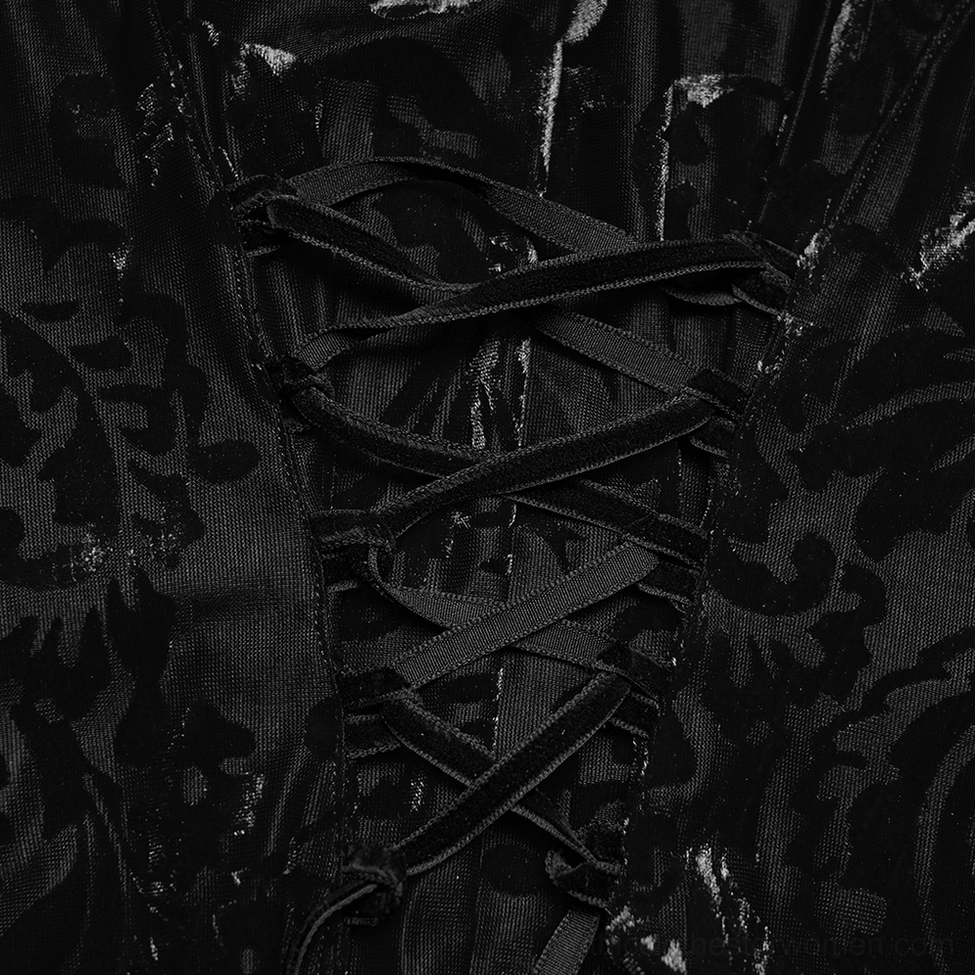 Close-up of black velvet gothic top's lace-up ribbon corset back fastener with damask printed mesh