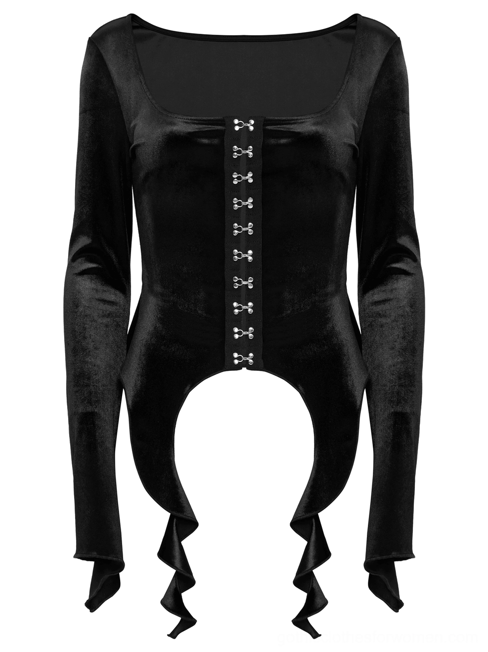 Close-up detail of black velvet gothic top square neckline and metal hook fasteners