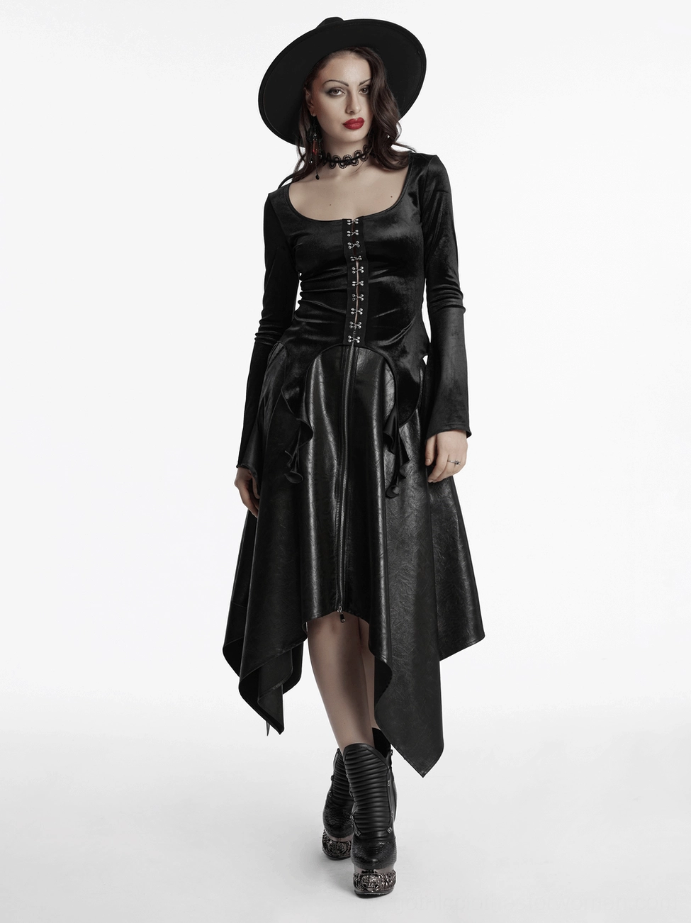 Black velvet gothic top size comparison and fit guide on model wearing XS-S size