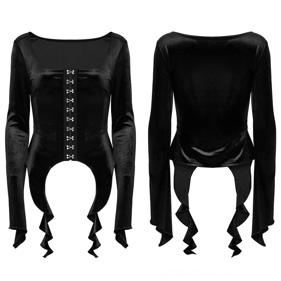 Black velvet gothic top flat lay showing front and back design with asymmetrical cutout hem detail