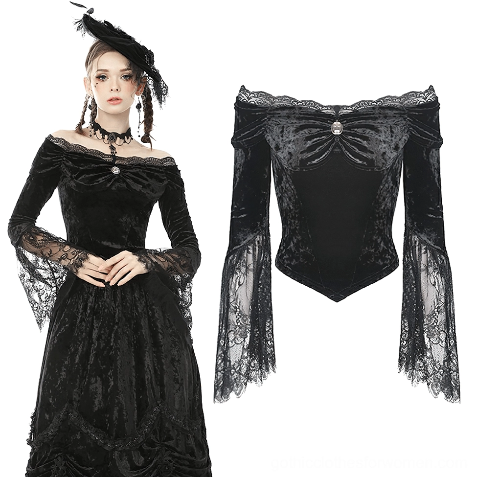 Black crushed velvet off-shoulder gothic top, flat lay display with cameo brooch detail