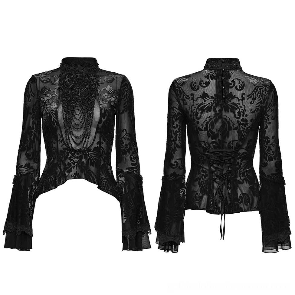 Flat lay display of black burnout velvet gothic top showing front beaded detail and back lace-up corset closure