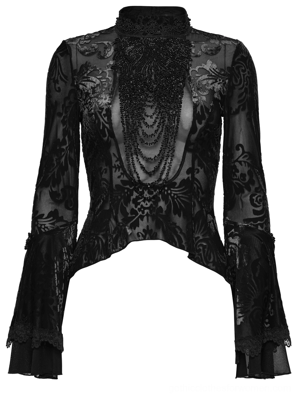 Front flat view of black velvet gothic long sleeve top featuring sheer mesh, damask pattern, and beaded plunge embellishment