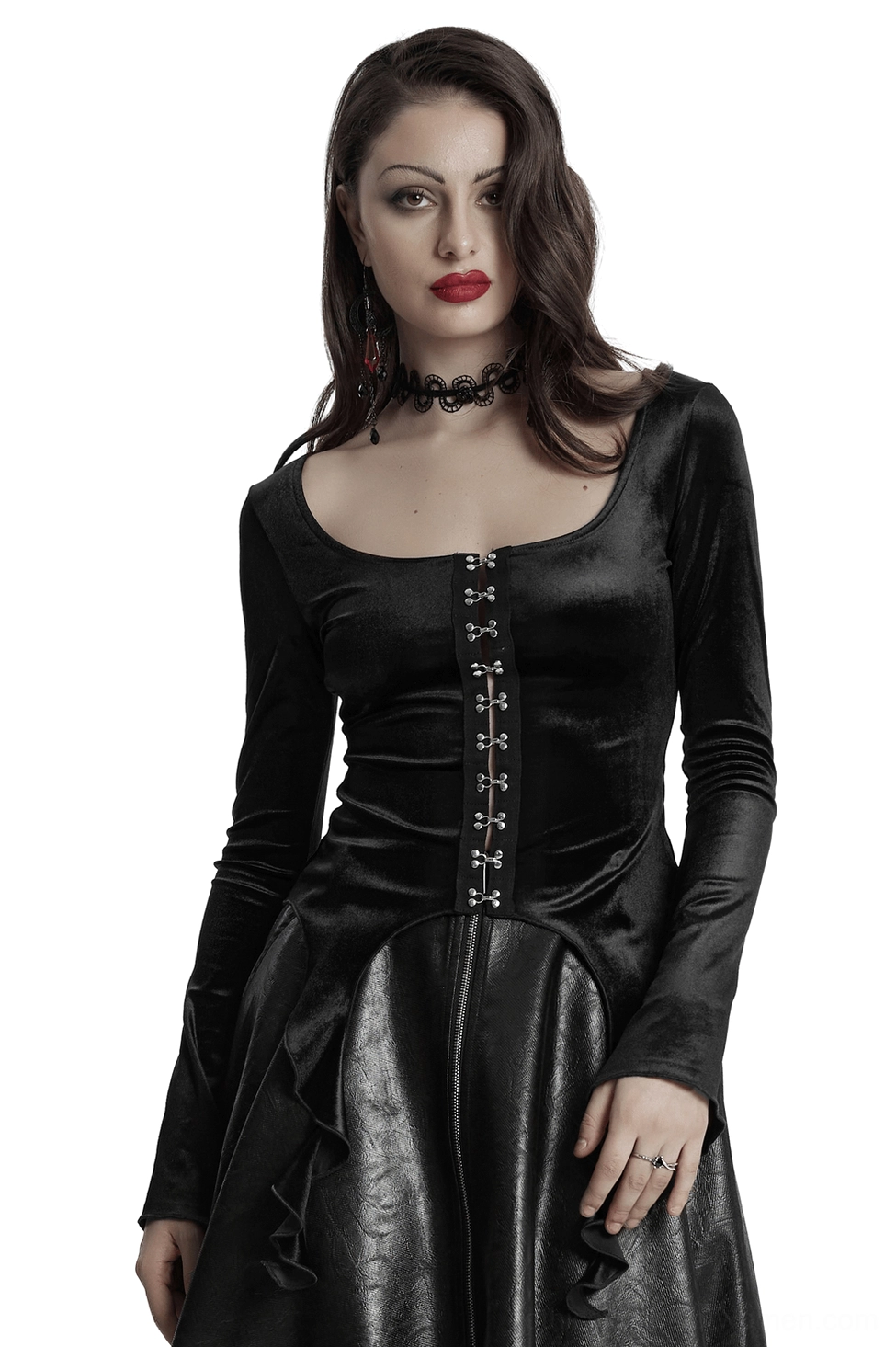 Black velvet gothic long sleeve top with square collar and silver metal front buckles, front view on model