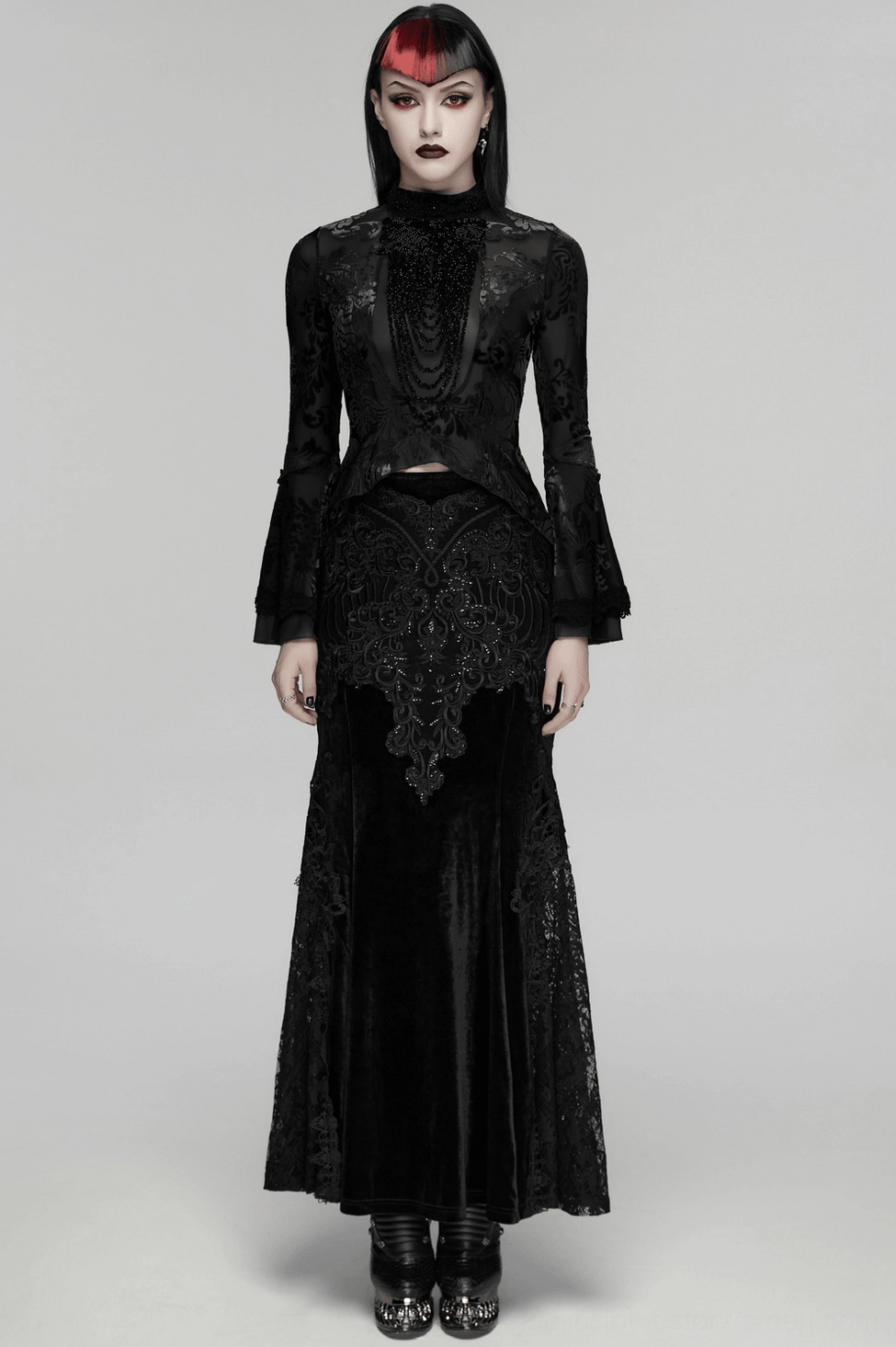 Black burnout velvet gothic top full length display showing elegant silhouette, stand collar, and dramatic bell sleeves