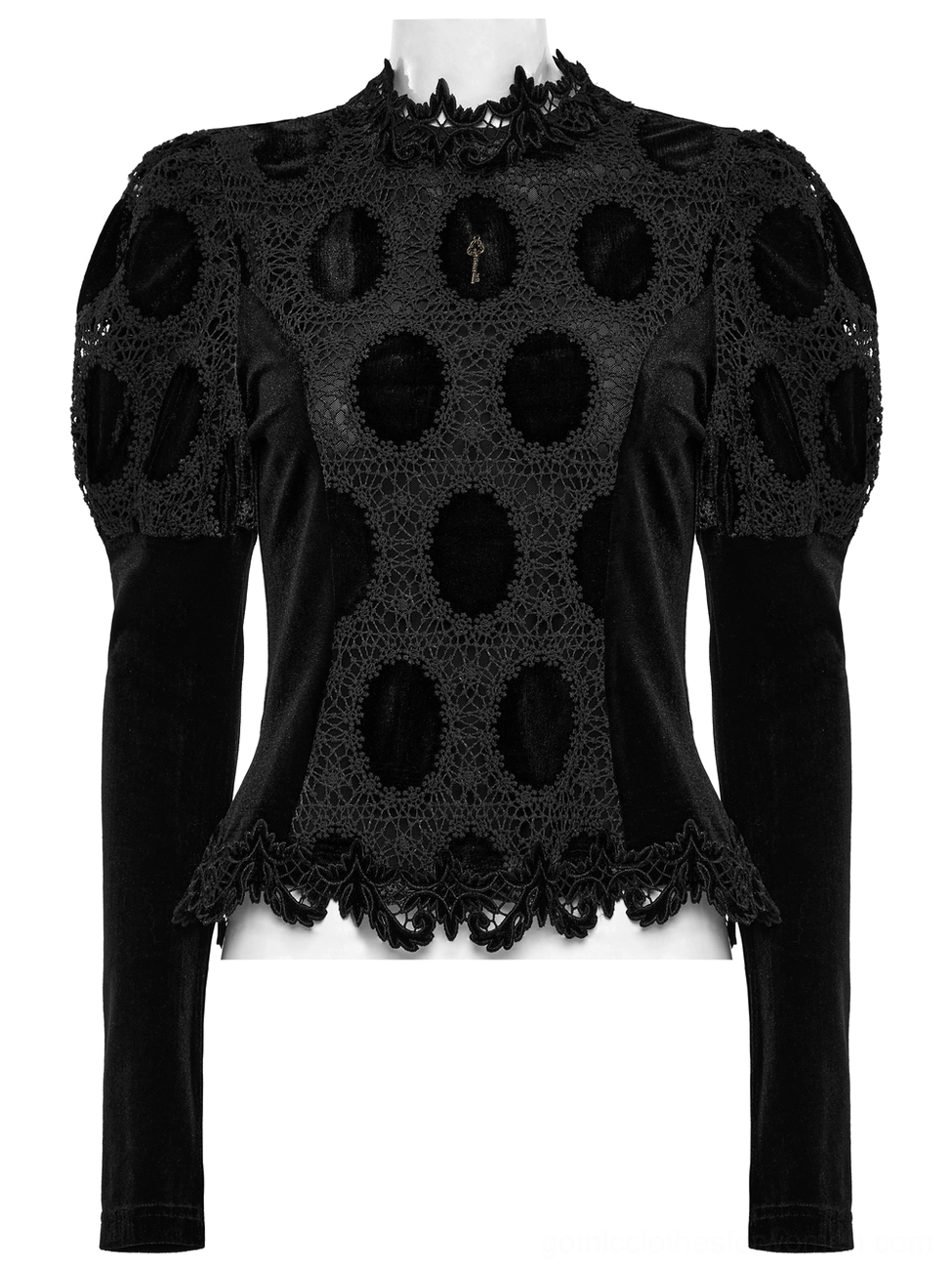 Black velvet gothic top with oval lace cutouts and metal key charm detail on chest
