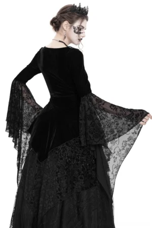 Black velvet gothic lace top with sheer flared bell sleeves and asymmetrical hem - back view