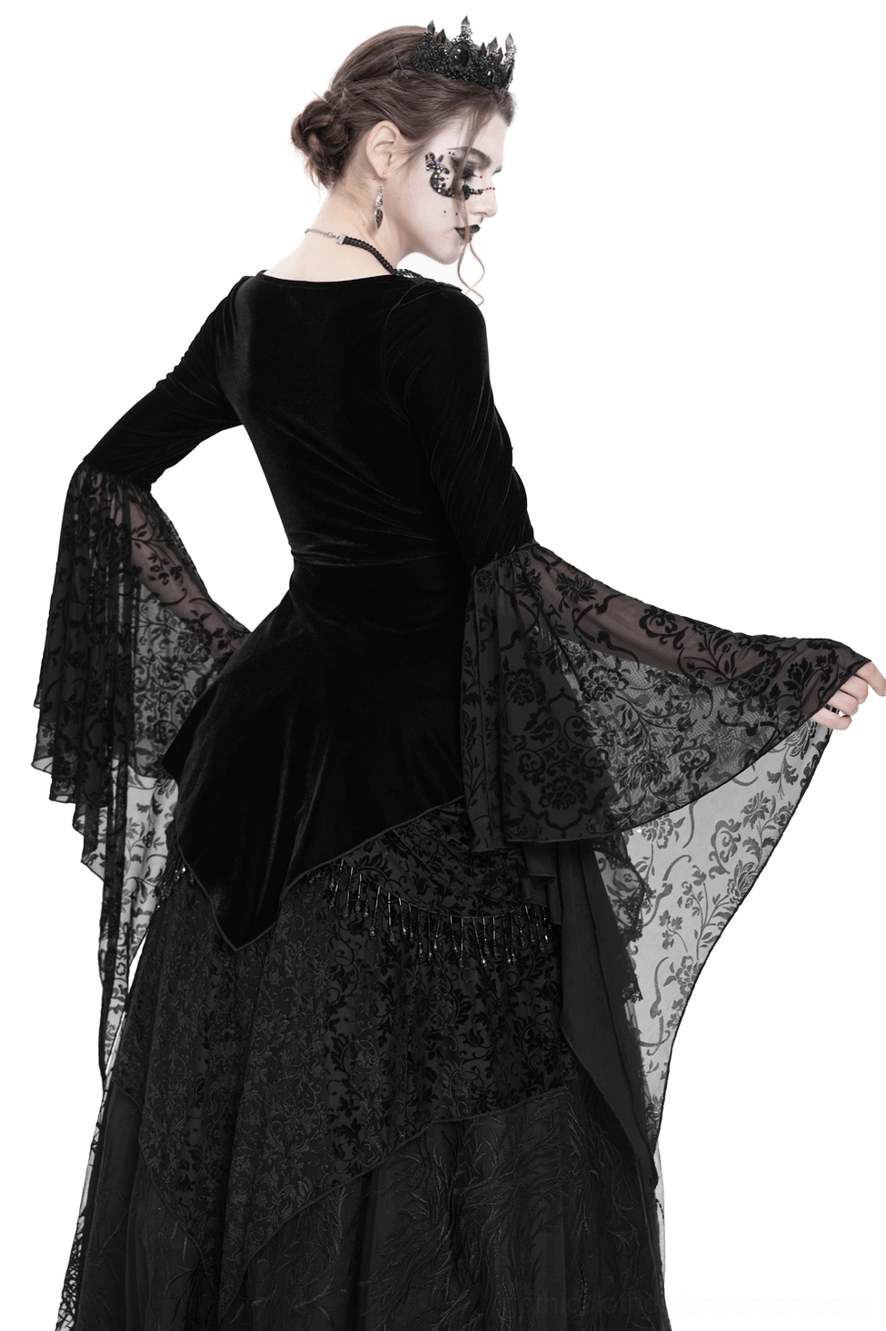 Black velvet gothic lace top with sheer flared bell sleeves and asymmetrical hem - back view