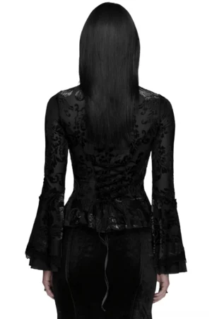 Black velvet gothic top with lace-up back closure, high stand collar, and flared bell sleeves - back view on model