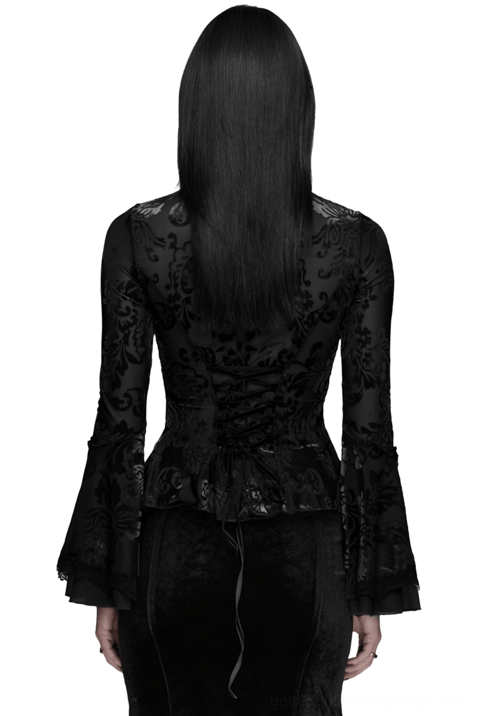 Black velvet gothic top with lace-up back closure, high stand collar, and flared bell sleeves - back view on model