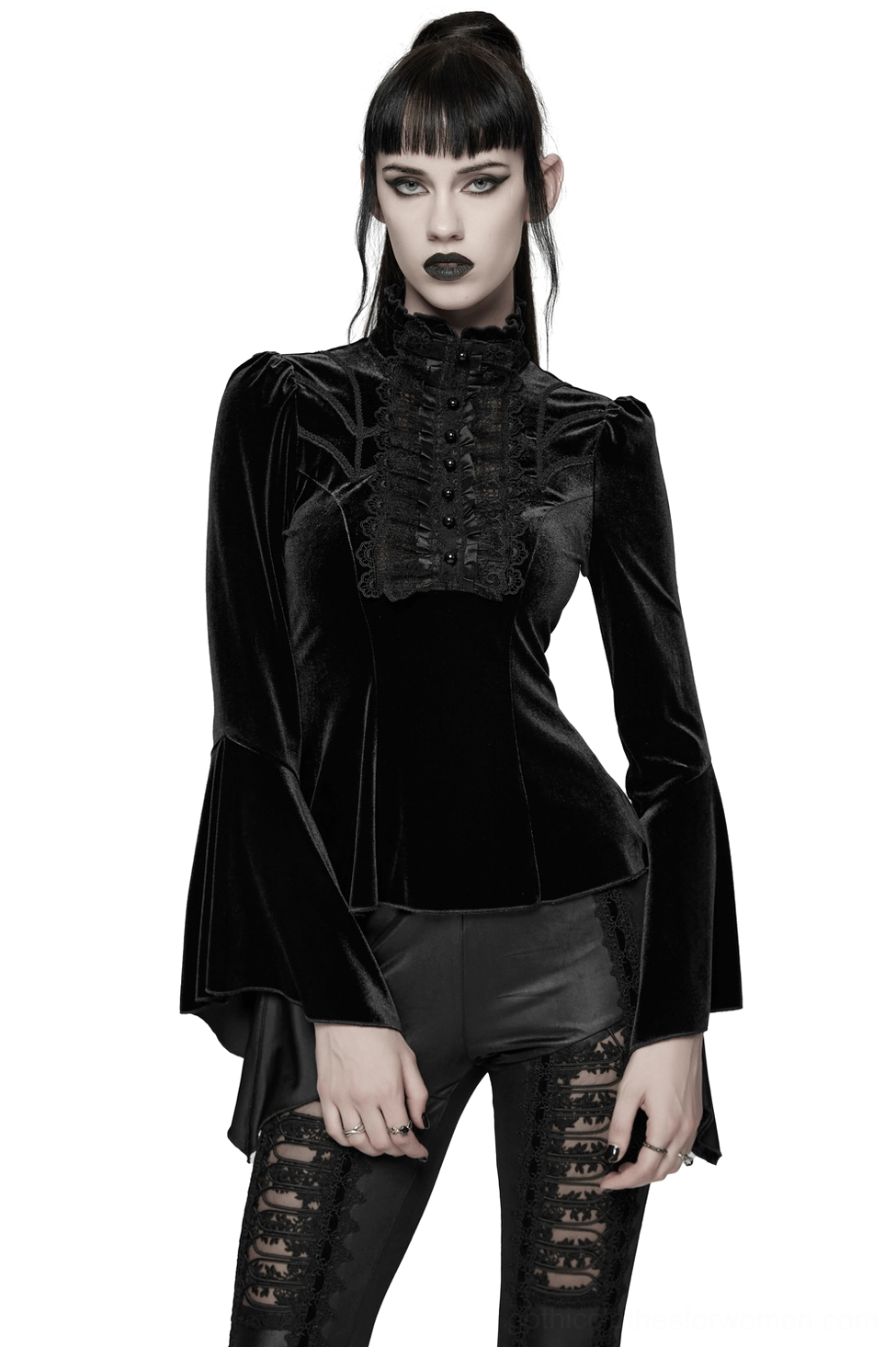 Black velvet gothic top with ruffled lace collar and pearl buttons, front studio view showcasing dramatic bell sleeves and high neckline detail