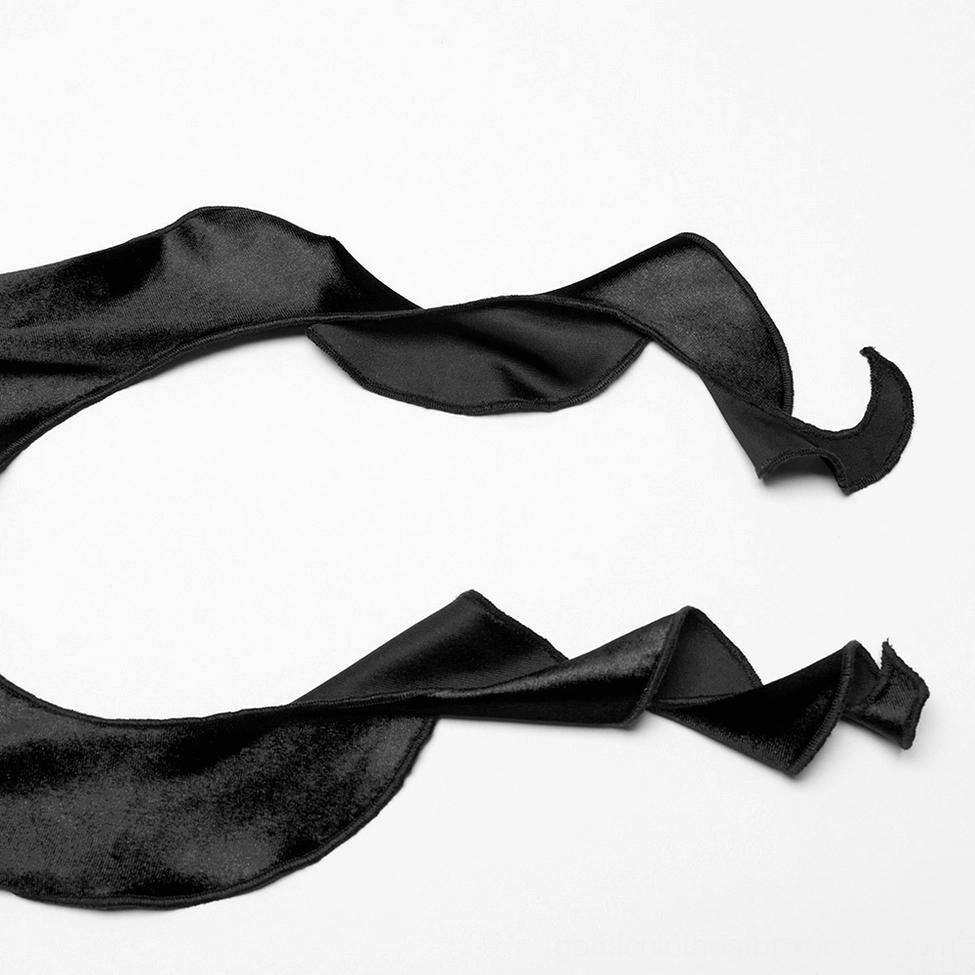 Gothic black velvet top cuff detail showing irregular ruffled hem with soft velvet finish