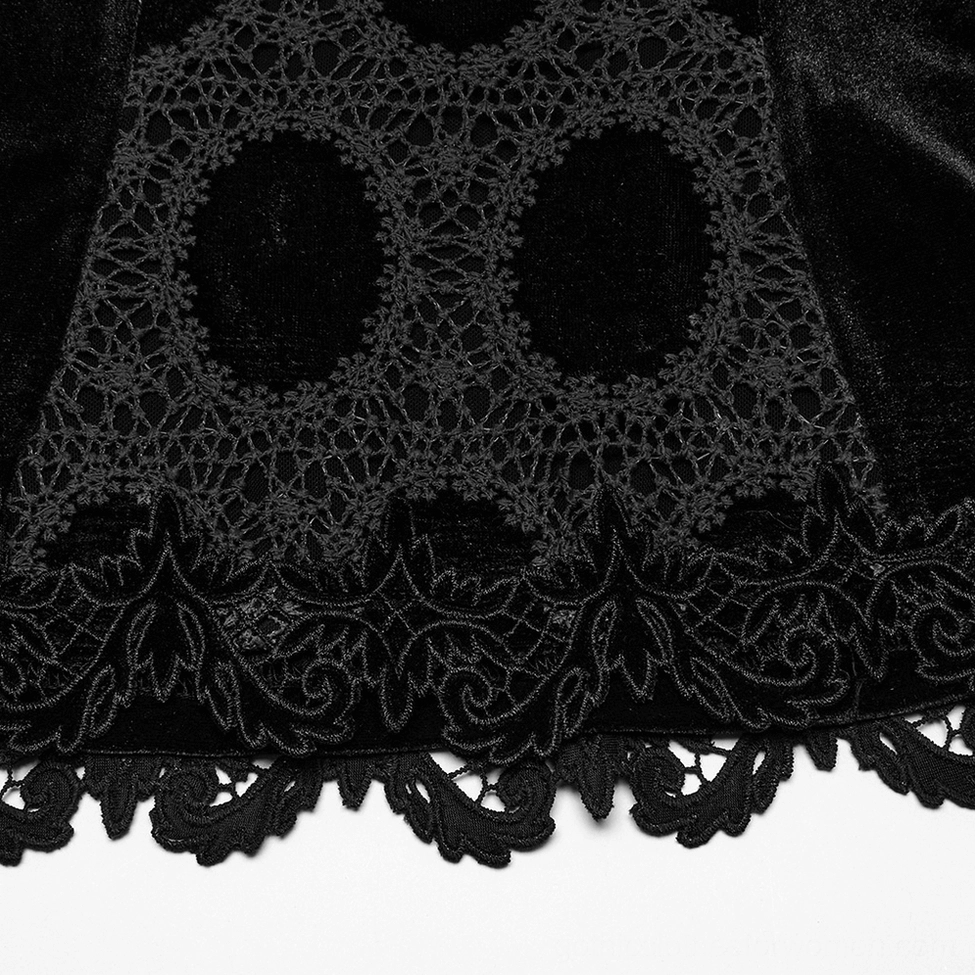 Close-up of black gothic velvet top scalloped lace hem and oval velvet cutout panel details