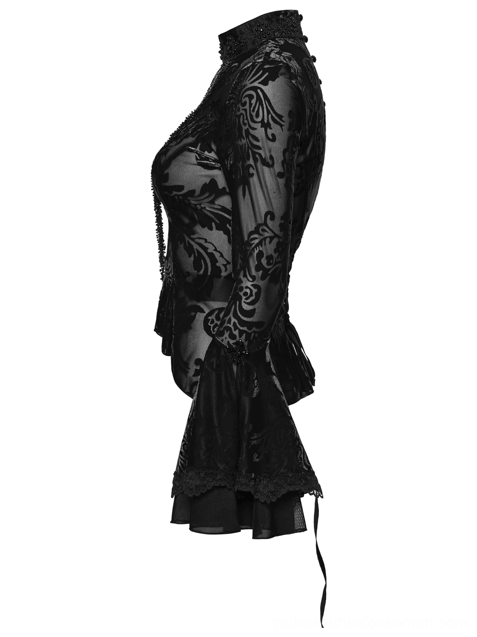 Side perspective of black velvet gothic top showing asymmetrical hem, ruffled bell cuff, and floral velvet print pattern