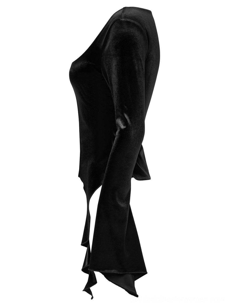 Side view of black velvet gothic top showing fitted silhouette and ruffled long sleeve cuff