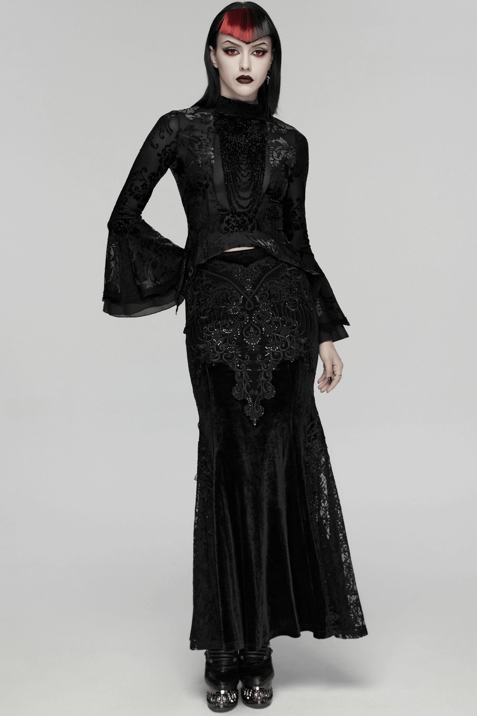 Black velvet gothic long sleeve top worn styling shot emphasizing handmade lace, ornate carved buttons, and romantic aesthetic