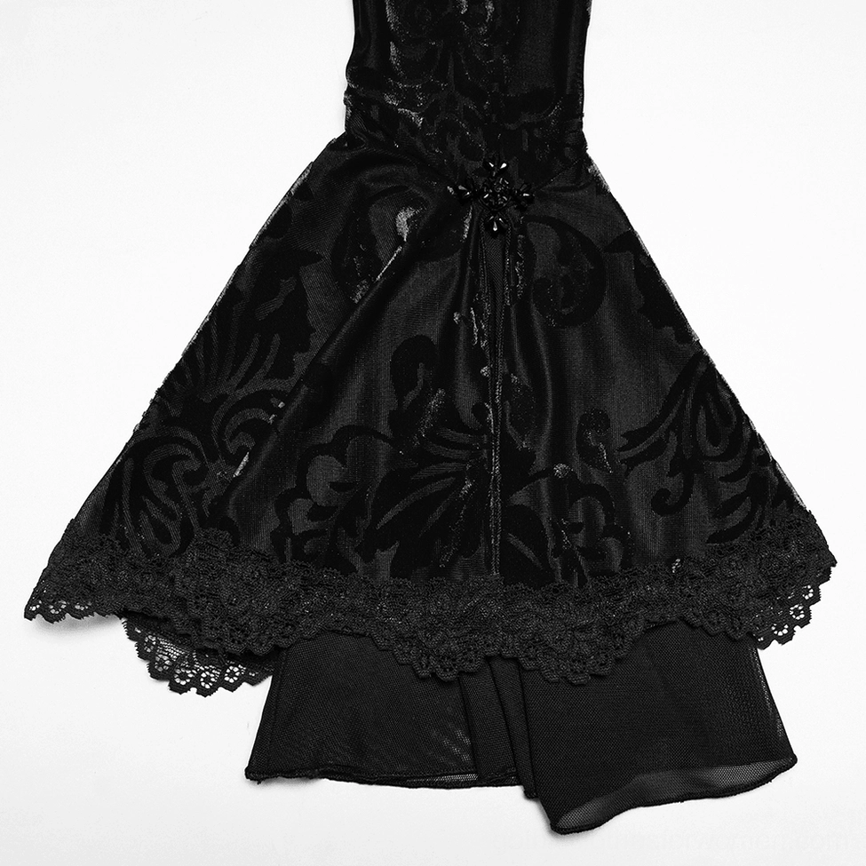 Additional styling view of black burnout velvet gothic top with bell sleeves and ornate beaded plunge neckline