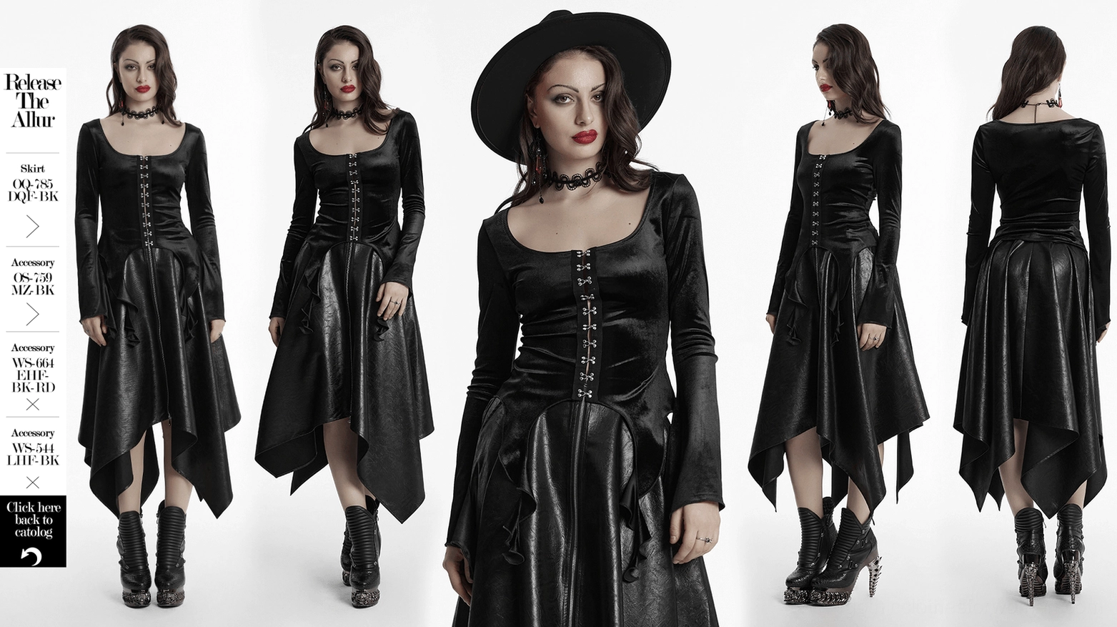 Three-quarter angle view of black velvet gothic top showing square collar, metal buckles, and asymmetrical hem