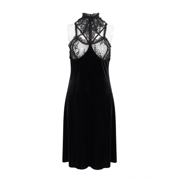 Black velvet halter lace slip dress - front mannequin display showing neckline and silhouette