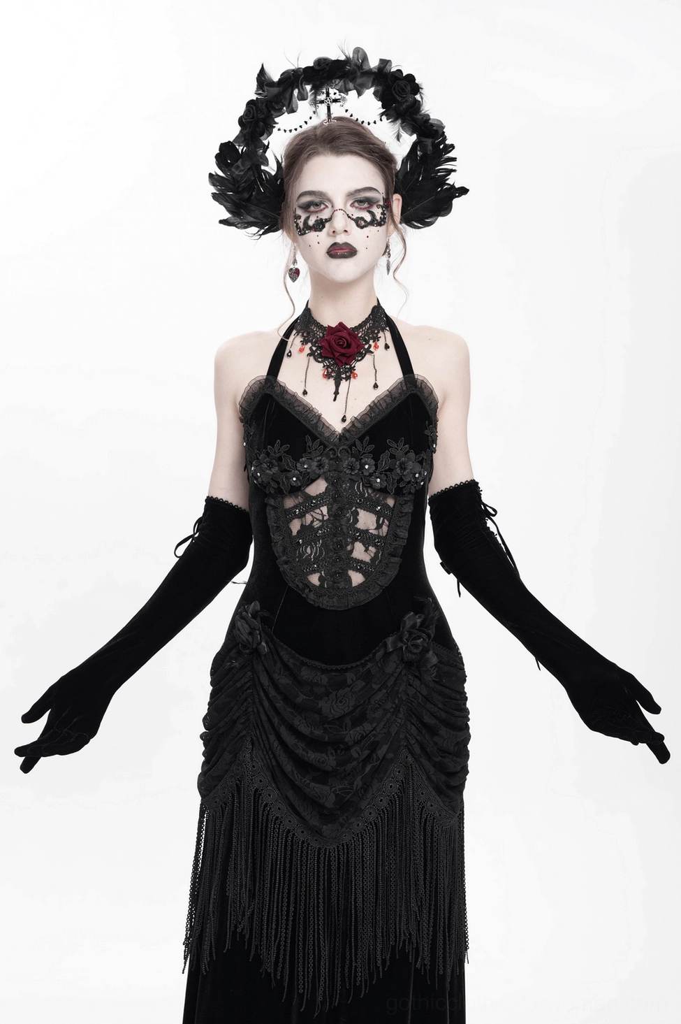 Black velvet gothic halter dress full view highlighting corset back and overall design