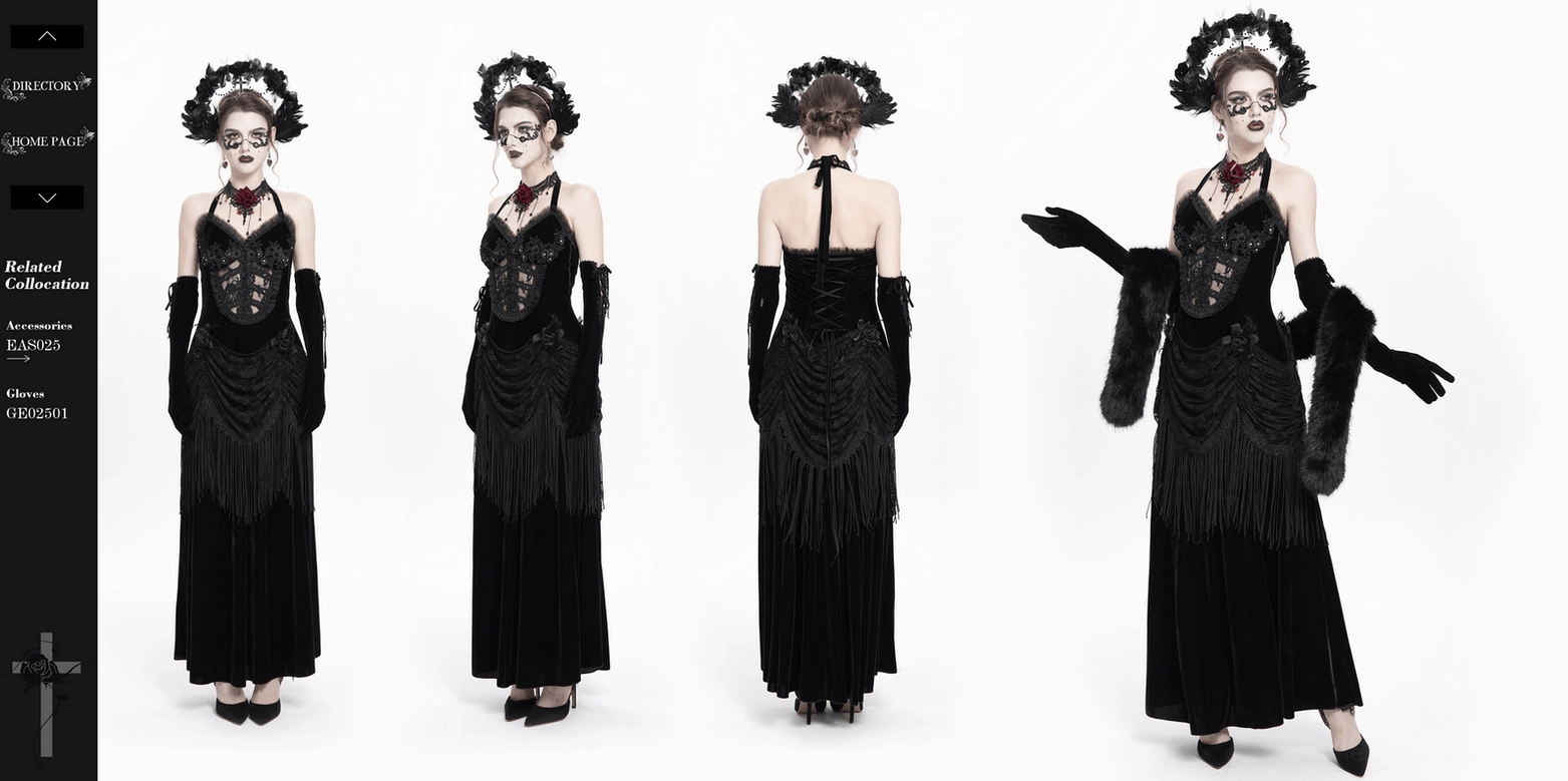 Black velvet halter gothic dress complete styling view with accessories and presentation
