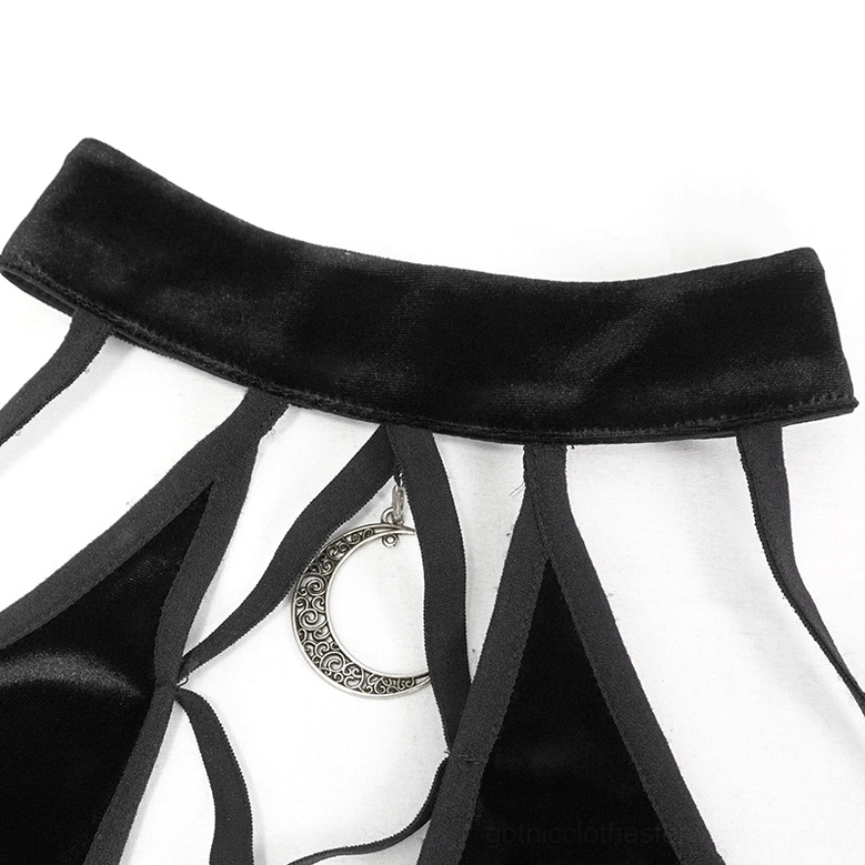 Full styling of black velvet halter crop top with alternative gothic accessories and outfitting demonstration