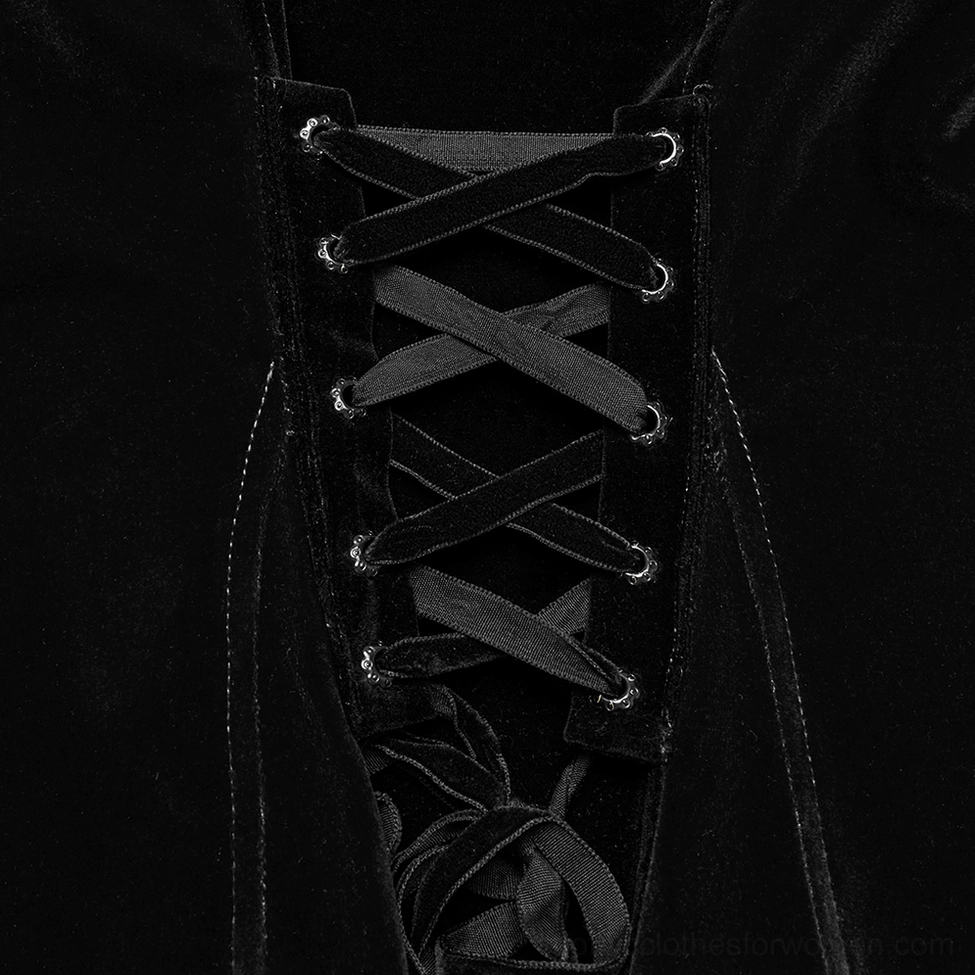 Close-up of black velvet jacket back lace-up corset detail with ribbon and metal eyelets