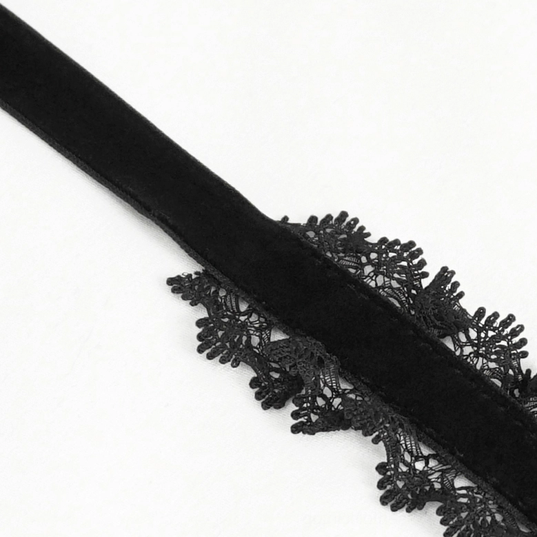 Side close-up detail of gothic choker showing black velvet fabric and scalloped black lace edging craftsmanship