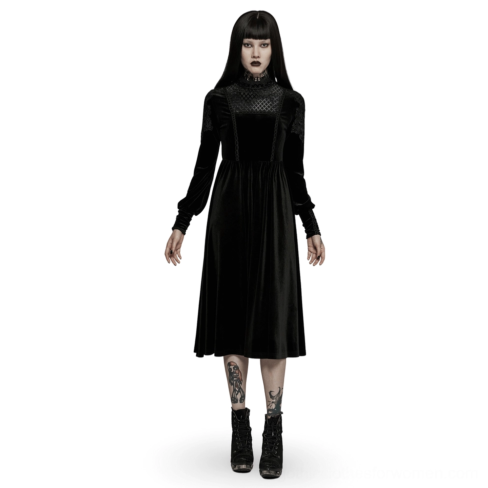 Front view of black velvet gothic lace-collar midi dress with scalloped lace high neckline and voluminous skirt