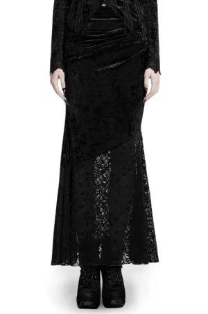 Black velvet lace fishtail gothic skirt front full view on model with asymmetrical ruched waist design