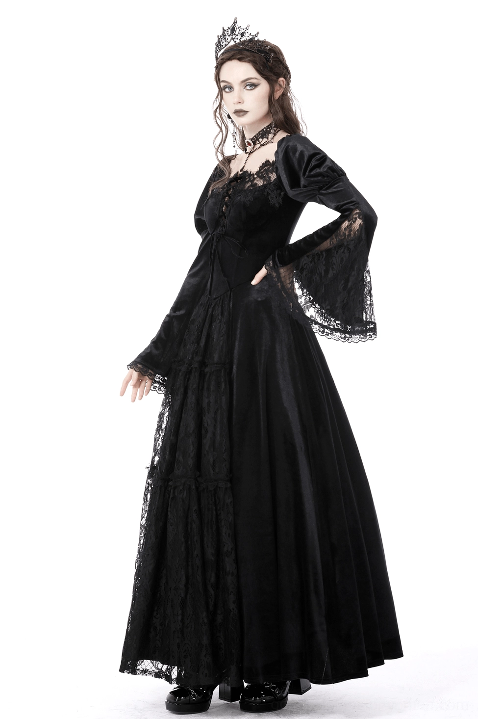 Black velvet and lace Victorian gothic evening gown perfect for formal events and alternative fashion occasions