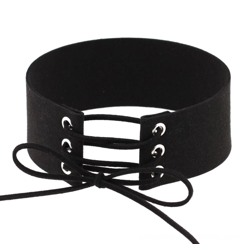 Black velvet lace-up gothic choker necklace with silver eyelet details, front flat lay view