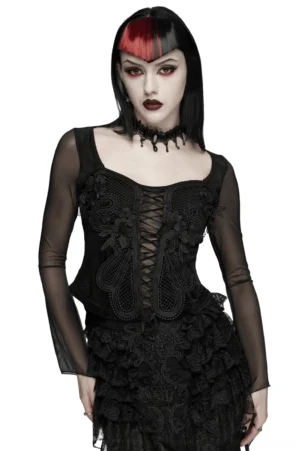 Black velvet lace-up mesh embroidery gothic top front view on model with sheer mesh sleeves and floral chest embroidery