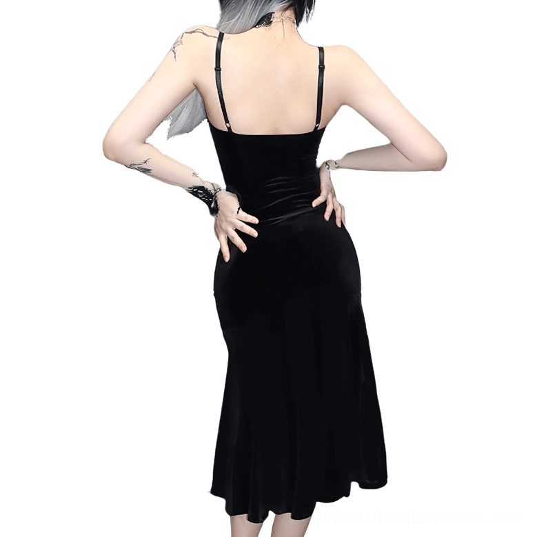 Gothic black velvet mermaid dress back view showing adjustable spaghetti straps and fishtail hem