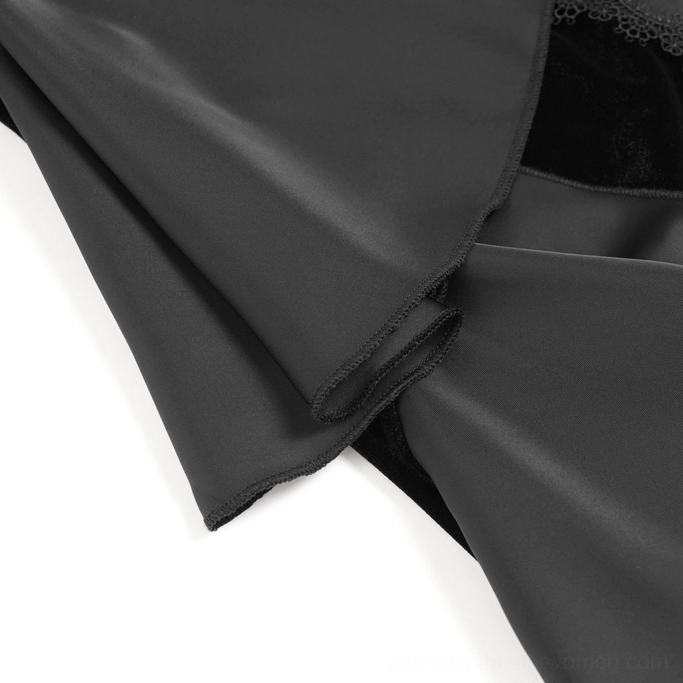 Black velvet gothic mermaid dress mermaid hemline and ruffled fishtail train detail