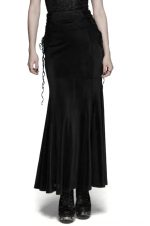 Black velvet mermaid maxi skirt with lace back corset detail, front three-quarter view on model, gothic fishtail silhouette