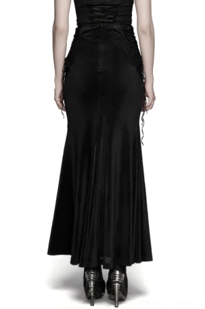 Black gothic mermaid velvet skirt rear view, showing ornate lace-up corset back, floral lace applique, and dramatic floor-length hem